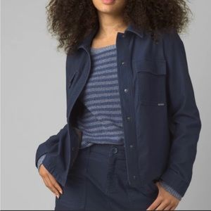 PrAna Women’s Sz Large Niki Blue Organic Cotton Snap Up Cropped Boxy Jacket